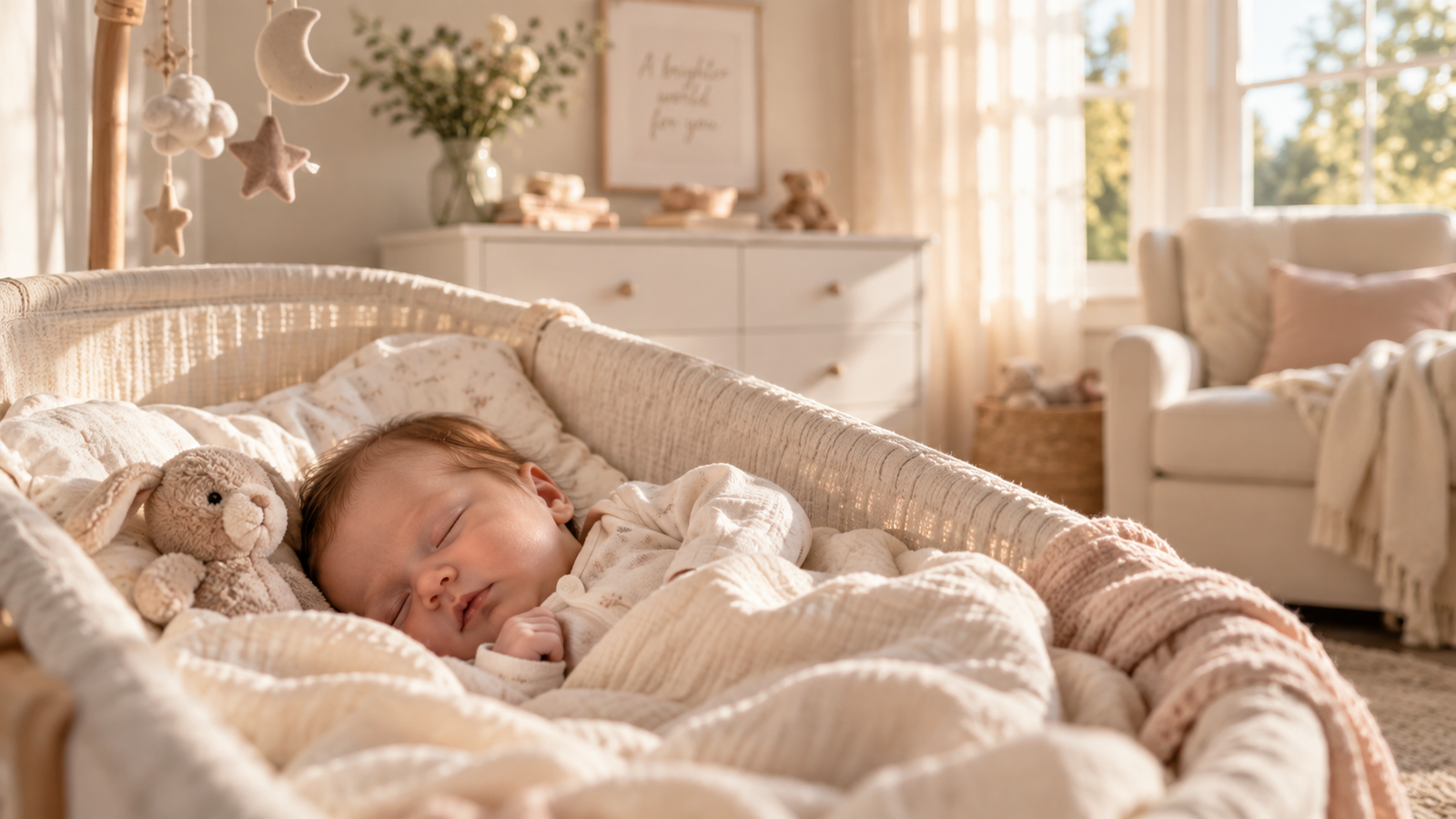 Newborn baby sleeping peacefully in a warm neutral nursery