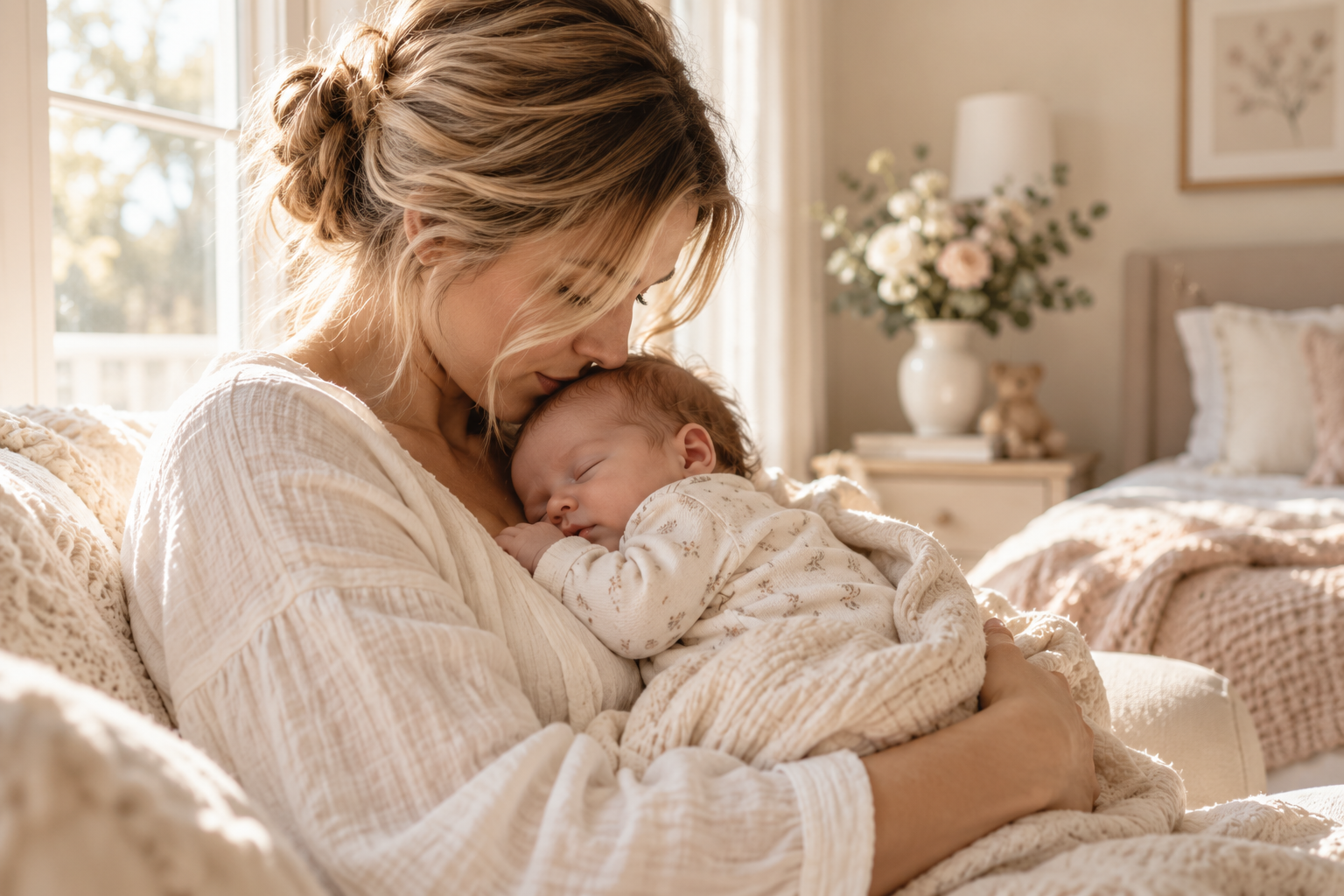 Mother lovingly holding her newborn baby