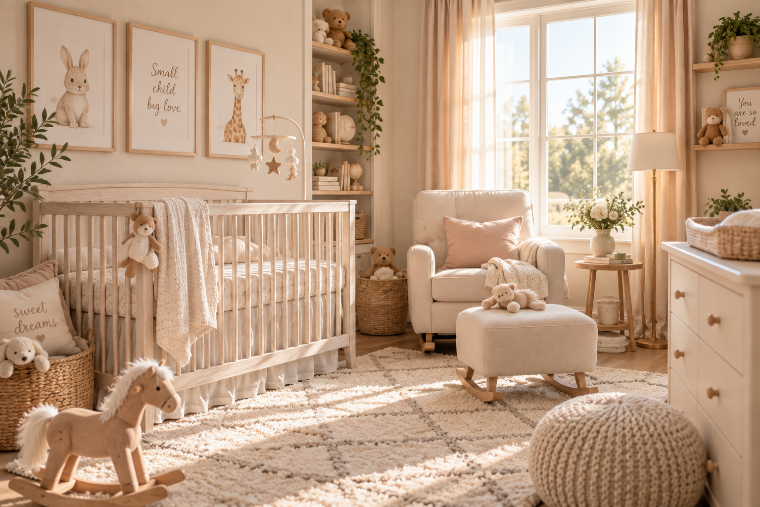 Warm elegant neutral nursery with crib and rocking chair