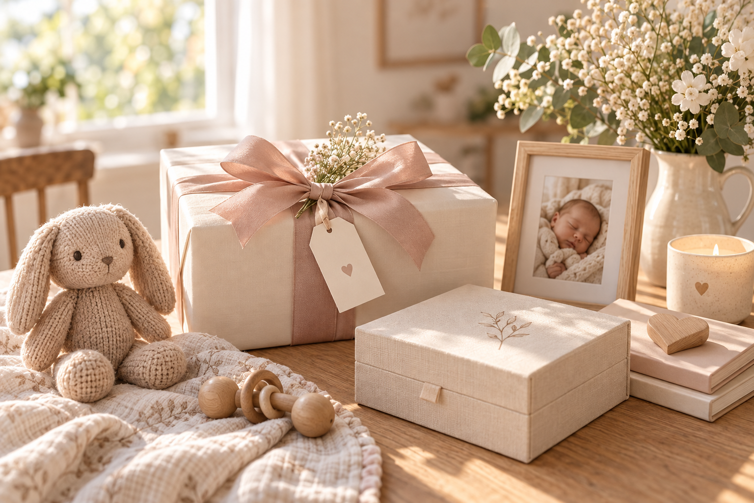 Thoughtful newborn keepsake gifts arranged in a warm family home